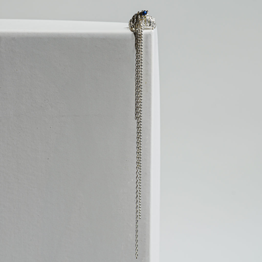 Crystal Drop Chain Ear Cuff – Silver with Long Dangling Chains