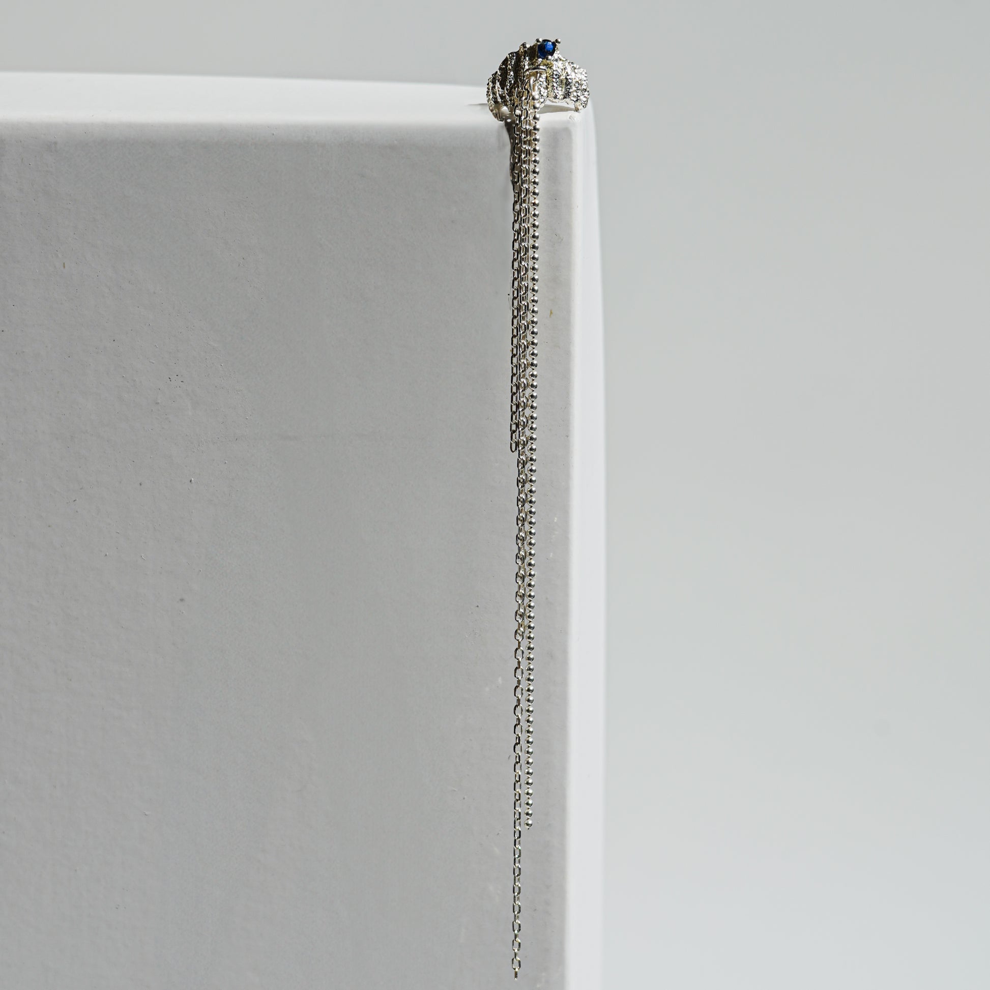 Crystal Drop Chain Ear Cuff – Silver with Long Dangling Chains