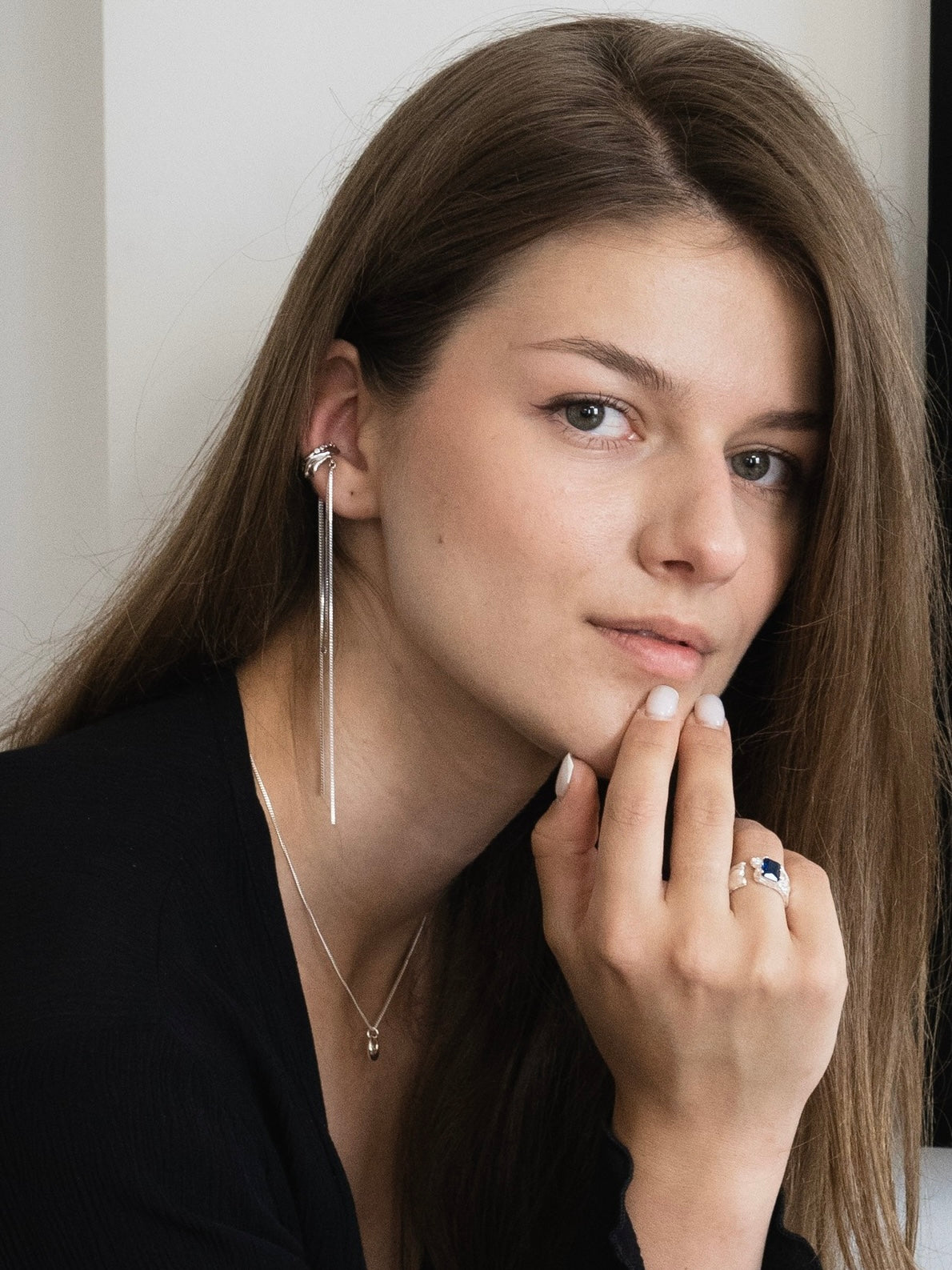 Liquid Silver Long Chain Ear Cuff – Rhodium Plated 925 Silver Emotional description