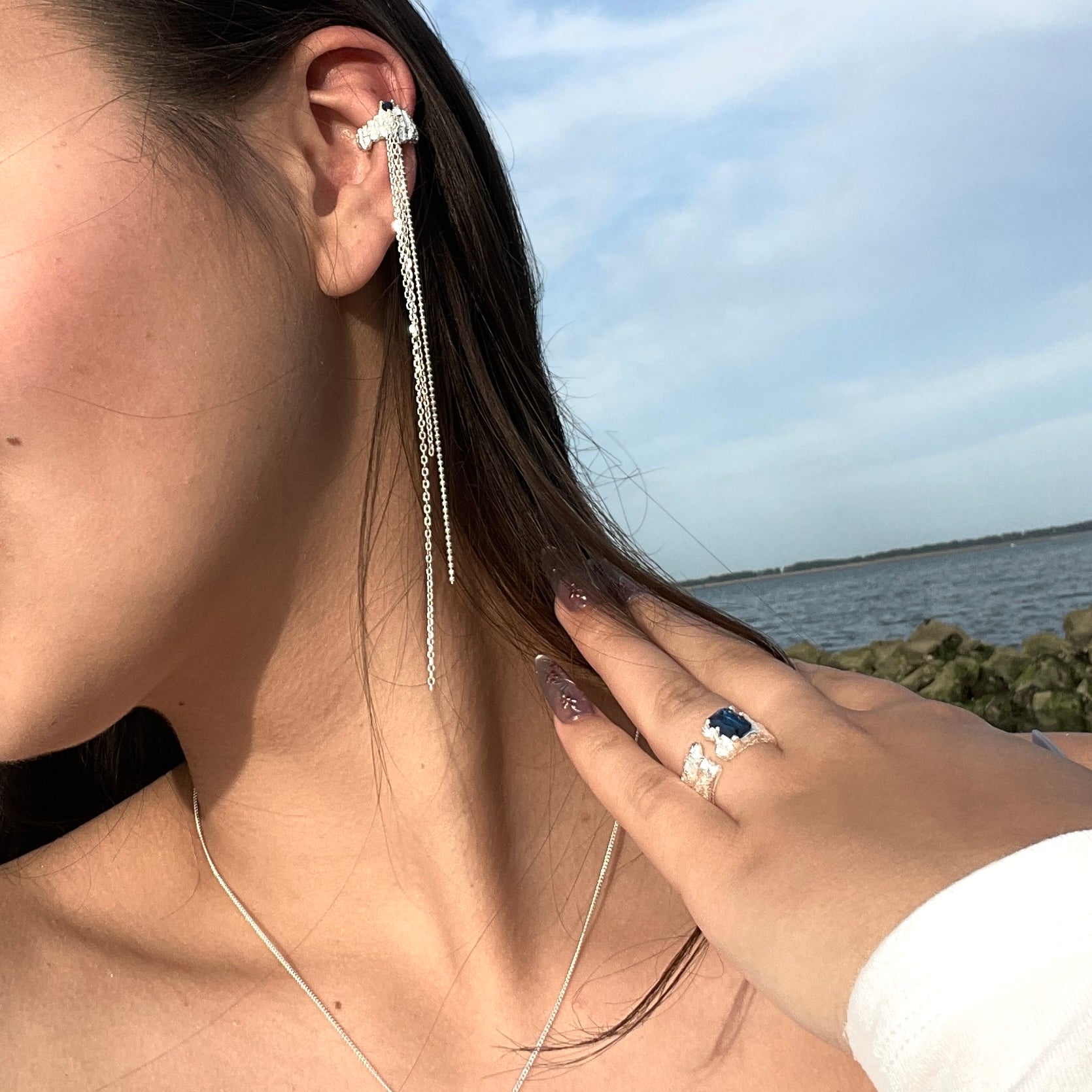 Crystal Drop Chain Ear Cuff – Silver with Long Dangling Chains