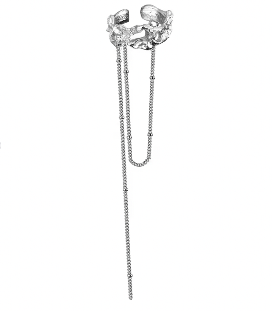 Molten Flow Ear Cuff – Rhodium Plated 925 Silver with Double Chain