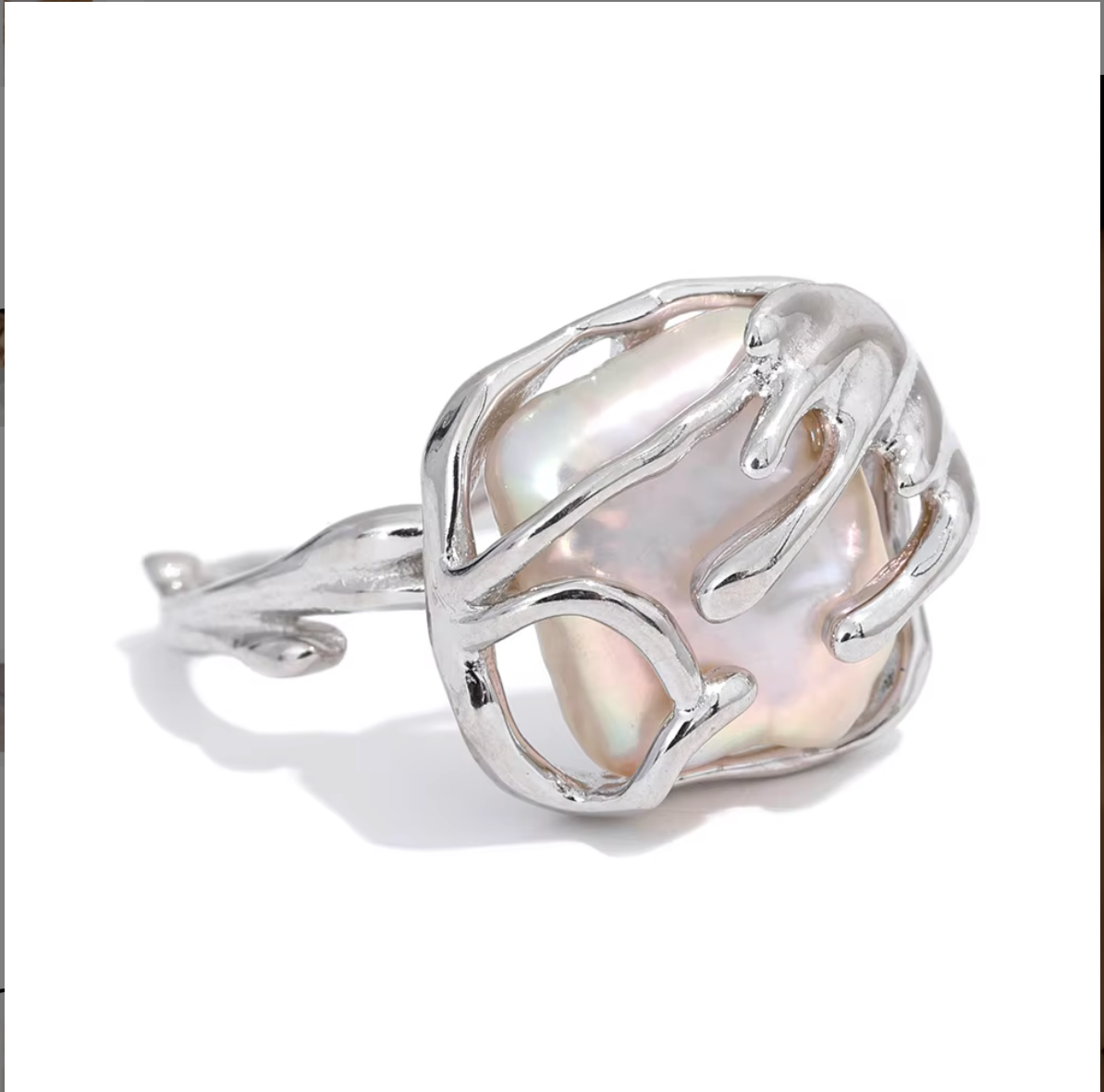 Organic Pearl Ring – Adjustable Silver with Baroque Pearl